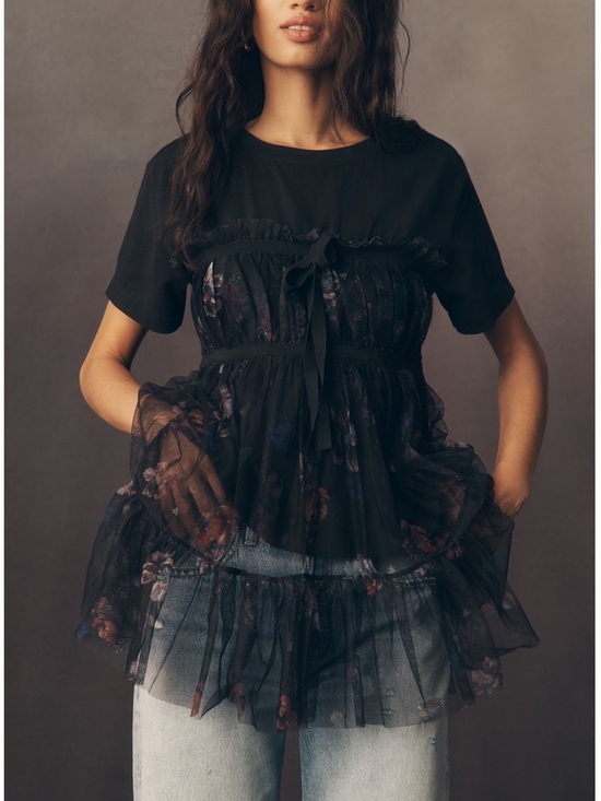 Anthropologie Tops - Anthropologie Tulle Short Sleeve Tee Tiered Bow New Medium Black Floral